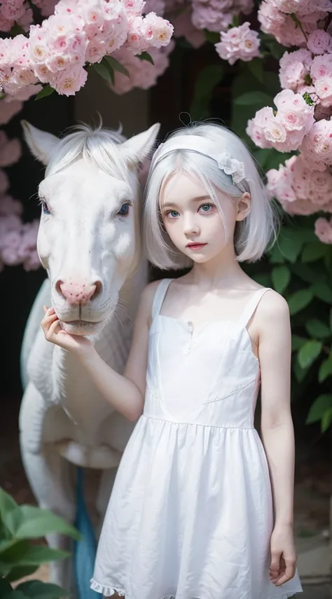 A cute little girl standing with a dragon, wearing white dress, pale skin, smooth pale skin, skin tune pink, cute face, blue eyes, white hair, super detailed, 8k