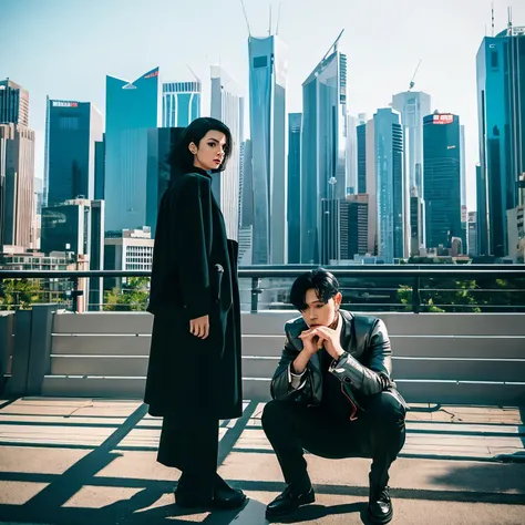 Androgynous people and retro cityscape in the background