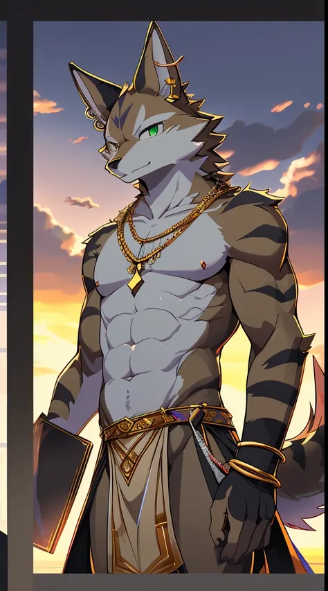 Seto (Tokyo After-School Summoners), Seto(Wandering Longing), Seth (it), Seto, Kazuma Koda, coyote, gold necklace, Gold jewelry, Ear piercing, wear a loincloth, Green Eye, Grey Body, white body, Brown Body, stripes, Striped body, High Quality, 8K, High ima...