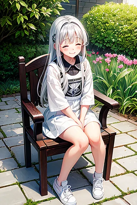 1girl, smiling, bright silver hair, blushing, sitting on a chair, white clothes, black shorts, sneakers, garden background, closed eyes, wolf haircut