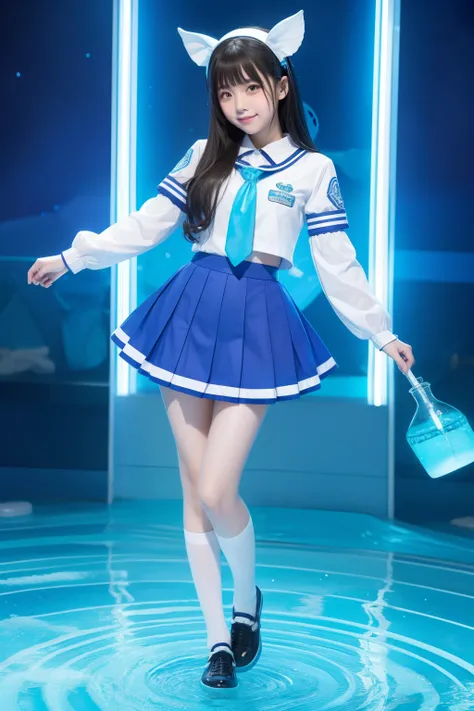 fantasy water user high school girl、full body Esbian、、fluorescent blue uniform、、、、Idol face、make water float with magic