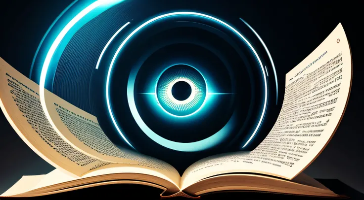 Ein riesiges digitales Auge mit Code im Hintergrund, that hovers over an open book. Dystopian atmosphere