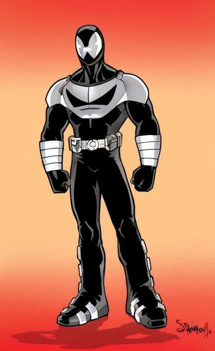 um desenho animado de um homem de terno preto e branco, Roupa X-Force de corpo inteiro, cel limpo sombreado, cel sombreado, novo conceito de figurino, armadura brilhante preta, cel sombreado!!!, vestido com armadura corporal preta, the secret seventh power...