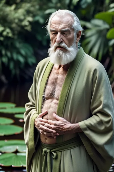 old-aged man, wrinkles,long white hair,long white beard,..dressed in a loose moss green robe  his shirt was open to reveal his s...