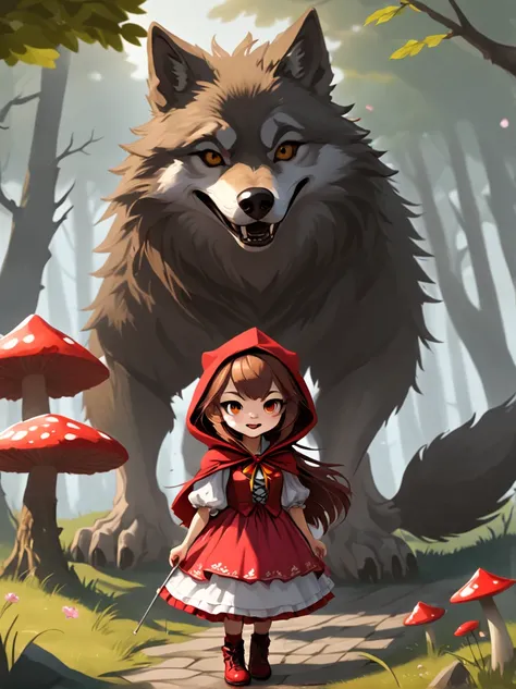 Masterpiece, Best Quality, Fairy Tale( (Big Wolf in Little Red Riding Hood: 1.4)), Sinister Bad Smile, Hat, Hairpin, Long Hair, Sunflower, Dress, Mushroom, Bowknot, (Small Cabin), Illustrations, Cherry Blossom Tree, Pink Flowers, Grass, Moss, Clouds, Falle...