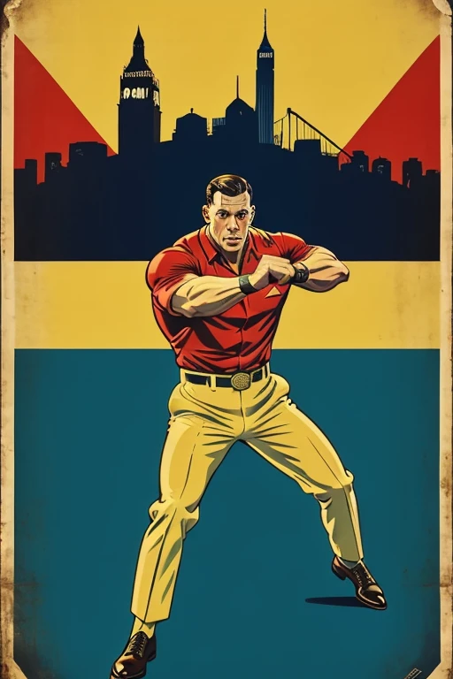 Retro style multicolored poster, cartaz estilo russo propaganda 1930, 4k ultradefinição, John Cena pacemaker , movie the pacemaker uniform, de corpo inteiro, action pose