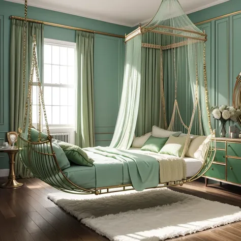 Pastel green and gold Sextoy display in bedroom, leather and glass table and swing and feather diamond swing bed feather blanket and fur blanket hanging chair