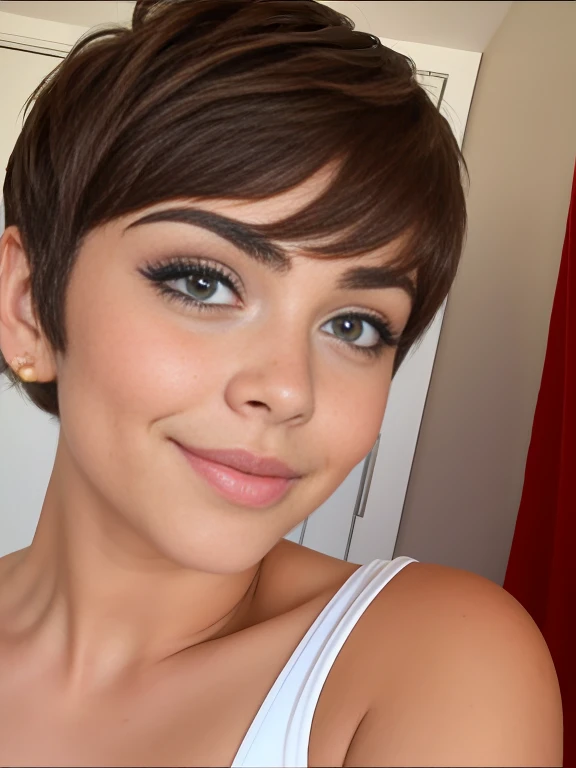 Photo of a 15-year-old European girl, .RAW, beautiful woman,pecas en mejillas y pecho ,hermosos  ojos azules(Light brown hair pixie haircut),corte de cabello pixie ((retrato)), ((Cara detallada:1.2)), ((Detailed facial features)), (Piel finamente detallada...