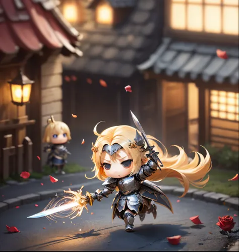 ​masterpiece、top-quality、ultra-detailliert、(chibi character knight:1.2)、blonde hair swaying in the wind、wraith、Very long sword、spark of light、running、Rose petals flutter