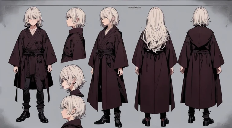 (Detailed, masterpiece, best quality) detailed, character sheet ( the same person , smile, anger, sad)A 6 years old boy, with white hair and red eyes, tanned skin, short messy hair, wearing dark robes, kentaro miura art style, vagabond art style, close up,...