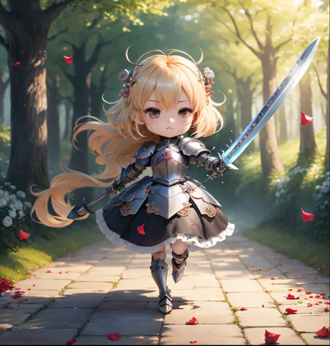 ​masterpiece、top-quality、ultra-detailliert、(chibi character knight:1.2)、blonde hair swaying in the wind、wraith、Very long sword、spark of light、Running、(Rose petals flutter:1.2)、fairy tale forest