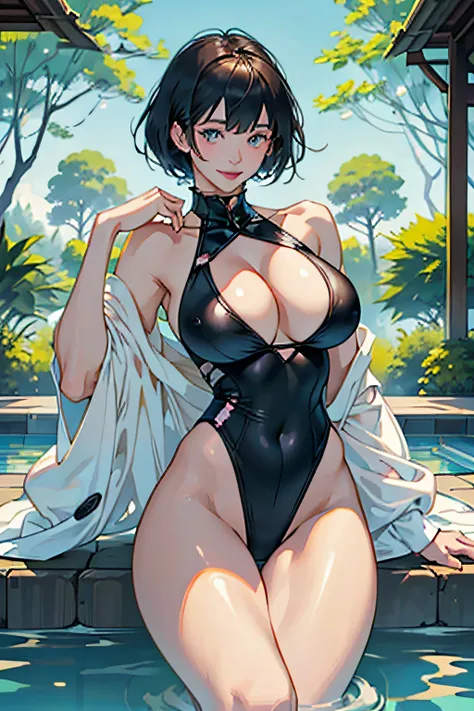 ｟Night Pool｠、chee、in poolside、（Dynamic pose Agidare pose、Body twisting pose、masutepiece, Best Quality, finely detail, hight resolution, in 8K, Perfect dynamic composition, Beautiful detailed eyes, ｟Competitive swimsuit｠,（huge udder:1.3）、 Natural Color Lip,...