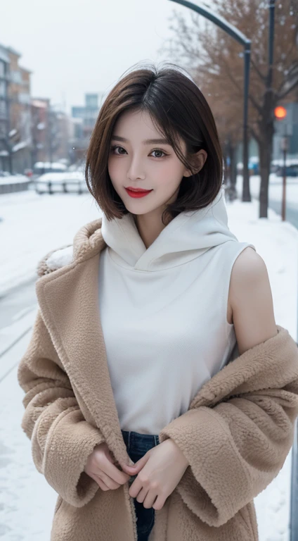 Best quality at best, 4K, 8K, Detailed faces,Full body photo，placed in a，Clear face, beuaty girl, Korean makeup, Redlip, Smilingly, perfect body figure,shoulder-length short hair,small,legs long,Slim,thin, Girl wearing long and wide fur coat, There  a top ...