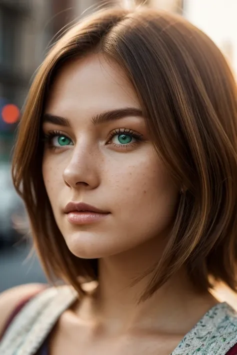 (close-up editorial photo of 20 yo woman, ginger hair, slim American sweetheart), (freckles:0.8), (lips parted), realistic green eyes, POV, realistic, film grain, 25mm, f/1.2, dof, bokeh, beautiful symmetrical face, perfect sparkling eyes, well defined pup...