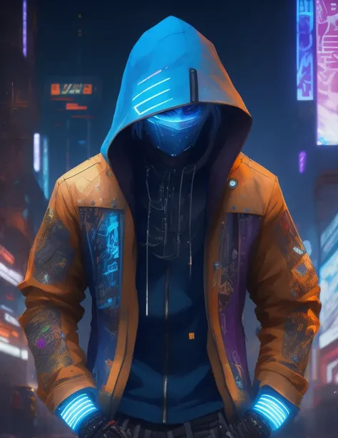 um close up de uma pessoa usando um capuz e um capuz, Garota de anime cyberpunk com capuz, Cyberpunk Rua Goon, arte digital cyberpunk, estilo de arte cyberpunk, hero pose colorful city lighting, arte do personagem cyberpunk, cyberpunk vestindo, pintura dig...