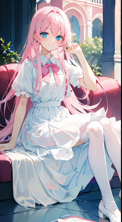 Pink hair，Blue eyes，Long whit hair，A queen，White transparent long skirt，Flirting skirts，white stockings，Pink panty，Be red in the face，ssmile，Sit on the sofa