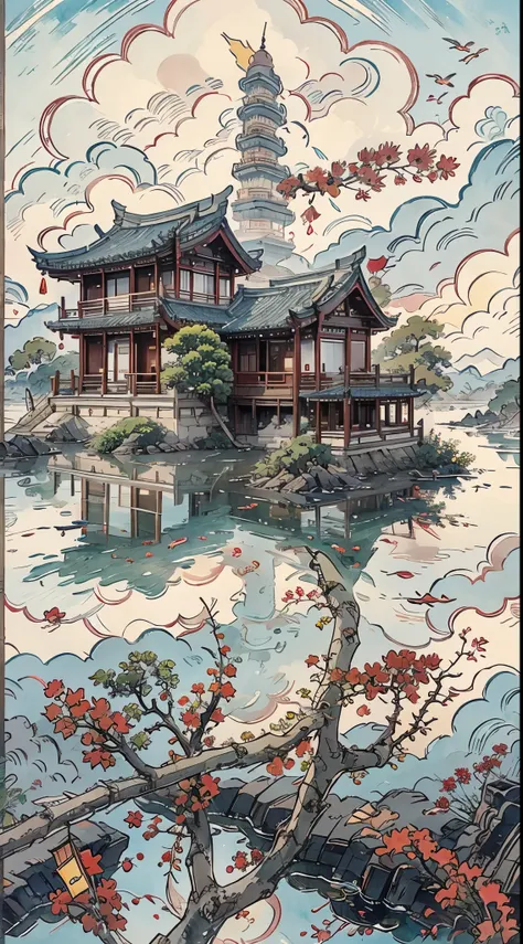 Mountain painting with a pagoda on a small island, chinese watercolor style, chinese painting style, digital painting of a pagoda, Chinese landscape, traditional Chinese watercolor painting, chinese paintings, Japan Art Style, High detail watercolor 8K, hi...