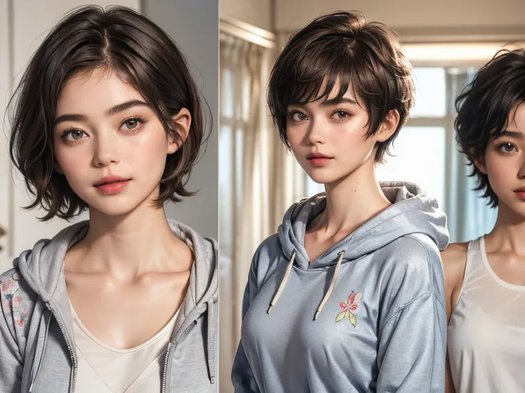 132
(a 20 yo woman,Wearing sportswear), (A hyper-realistic), (high-level image quality), ((beautiful hairstyle 46)), ((short-hair:1.46)), (Gentle smile), (breasted:1.46), (lipsticks), (Large room), (florals), (wearing hoodies)