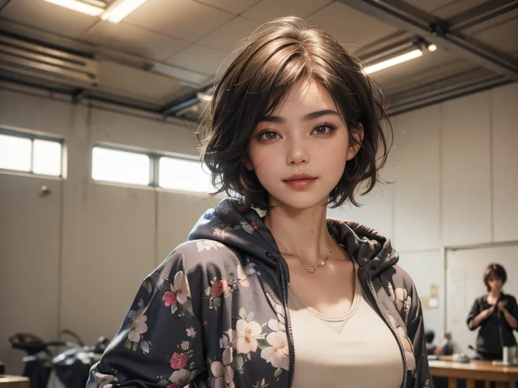 132
(a 20 yo woman,Wearing sportswear), (A hyper-realistic), (high-level image quality), ((beautiful hairstyle 46)), ((short-hair:1.46)), (Gentle smile), (breasted:1.46), (lipsticks), (Large room), (florals), (wearing hoodies)