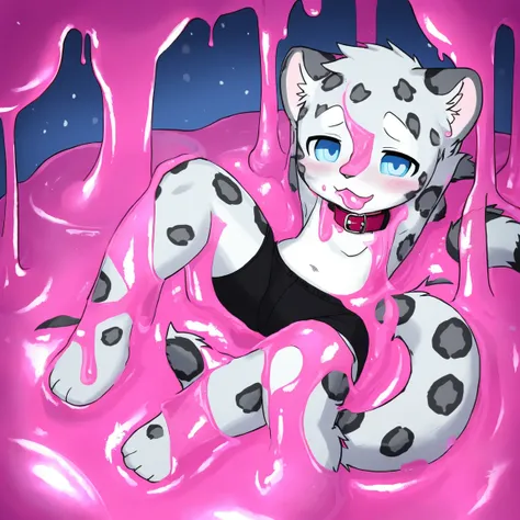 A small male snow leopard wearing black boxers，Dive into pink slime，into the slime，（（Thighs covered with pink mucus）），Pink slime falls on baby snow leopard&#39;body，Blue pupil，collars