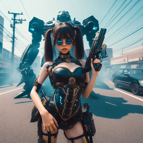 a woman in a corset outfit holding a gun in front of a robot, estilo cyberpunk hiper-realista, Cyberpunk 2 0 e. o modelo menina, cyberpunk zangada deusa linda, cyberpunk moderno, Anime cyberpunk moderno, Anime Cyberpunk, Garota cyberpunk, menina de Anime C...