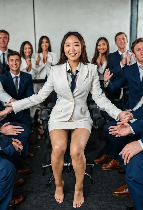 Portrait Photo a portrait, hyperdetailed full body photography, los angeles, brunette haired naked 18 year old college student young athletic Sunisa Lee shaking her ass with thick thighs and boobs sitting with her hands in the air with 10 white men (in bus...