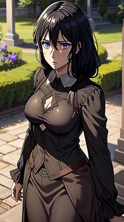 Long black hair,black colour suit and black shirt, perfect sized boobs, standing,blue colour eyes,ultra realistic detailed blue eyes, beautiful and perfect face, sunlight and garden background, Violet Evergardens hairstyle, black hair