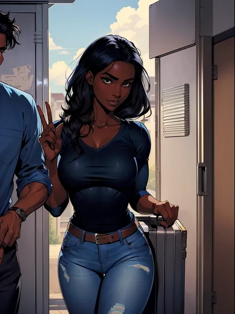 comic book page of (dark skin ebony young woman in a casual shirt and blue jeans, perfect wild cloud of long black hair watching...