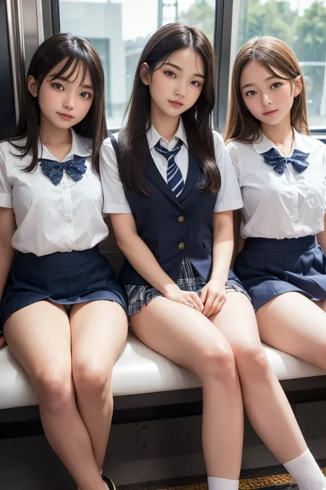 ((best quality, 8k, masterpiece)), ultra-detailed, sharp focus, (three cute girls sitting side by side), 18yo, ((white panties:1.2)), lace panties, (sitting on the seat of a train), (long seats), ((school uniform)), highly detailed face and skin texture, (...