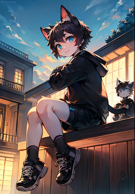 Cat ears, black hair, short hair, humanoid, teenager, tail, black sweatshirt, black shorts, panorama, character focus, blue eyes, furry, bright eyes, cute, white socks, black sneakers, terrace, early morning, blue sky