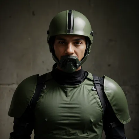 Green shirt soldier with black armor and green modern military helmet