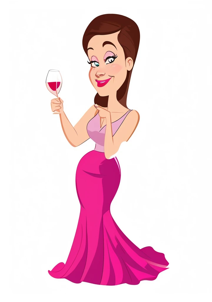 cartoon woman in a pink dress holding a glass of wine, she holds a glass of wine, usando um vestido de noite, senhora semi-virada em vestido de noite, estilo caricatura, in cartoon style, figura feminina no maxi vestido, arte digital de um elegante, carica...