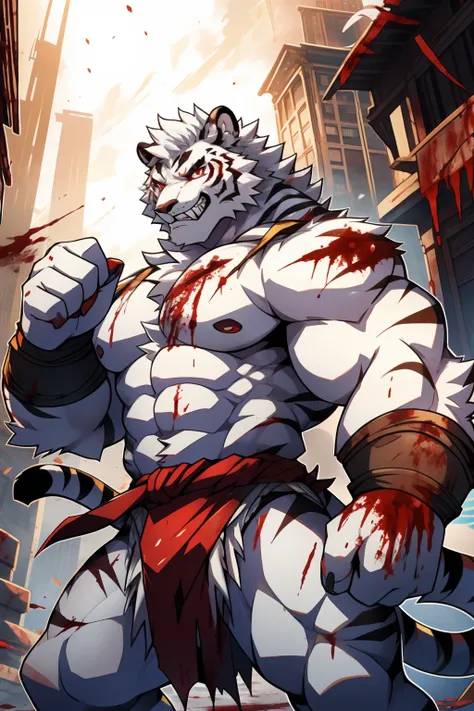 Bodybuilder, white tiger,polar bear, terroral，blood vess，rampage，zombie，Blood on the body，The corners of his mouth were stained with blood，solo person，White body，White ears，White hair，White fur，Overall white，Black-red eyes，tiger tail，young，Wear a red fundo...