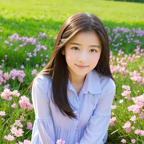 An ultra-high picture quality、Perfect Photo、15 year old beautiful girl、Spring landscape、