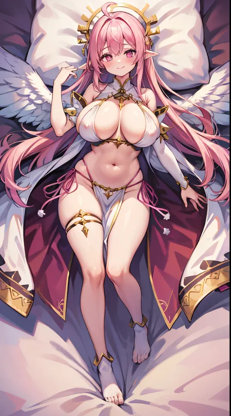 1 girl, game cg, priestess clothes, pink, angel wings, sideboob, under boob, belly button visible, thighs, loincloth, gigantic breasts, pink hair, long hair, straight hair, ahoge, pink eyes, dakimakura, full body, smile ,