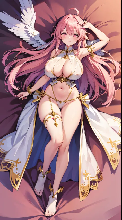 1 girl, game cg, priestess clothes, pink, angel wings, sideboob, under boob, belly button visible, thighs, loincloth, gigantic breasts, pink hair, long hair, straight hair, ahoge, pink eyes, dakimakura, full body, smile ,