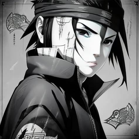 Make the image of Sasuke Uchiha how is it in the manga, image, in black and white and black jacket