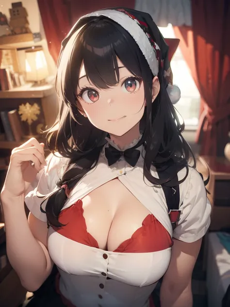 ultra-quality, ultla highres, Hyper Detailed, High contrast, Ultrafine Strike, creative refinement,A dark-haired,ssmile,Santa Claus Costume,Show cleavage,livingroom,5 fingers