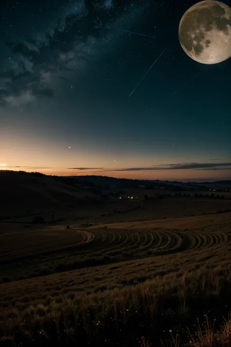 Draw a wilderness at night，There  a bright moon and sparse stars in the sky，There are several black straw piles in the field，The rolling hills in the distance outline black outlines，