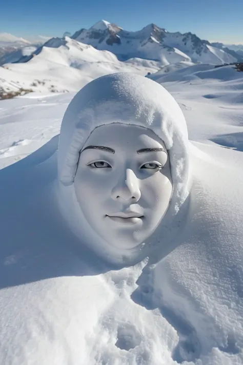 A mountain, top view, partly coverd by very think layer of snow, The parts covered with snow are shaped like a human face which is not so clear