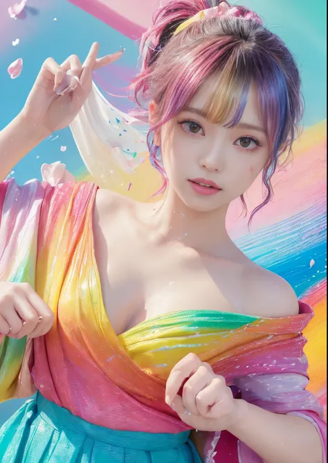 (Pink fashion T-shirt:1.9)、(colourful hair:1.8)、(all the colours of the rainbow:1.8)、((((Vertical Painting:1.6)))、(Painterly:1.6)、frontage、big eye、Sheer eyes、(Iridescent gradient high ponytail:1.7)、Exquisite makeup、Mouth closed、(Small fresh:1.5)、(Wipe Ches...