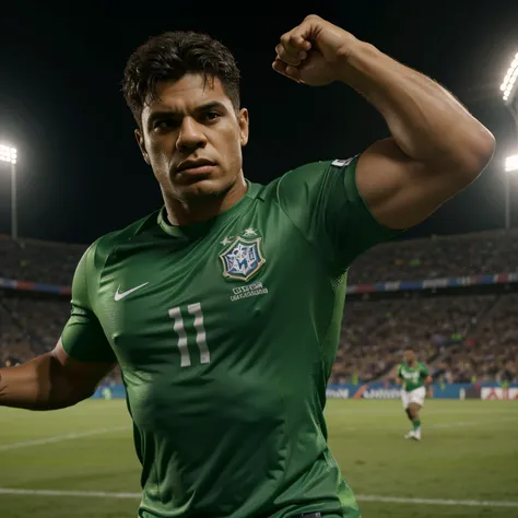 Crie para mim uma arte 3d do Hulk com uniforme de futebol ⚽ correto em campo mais forte e com listras na camisa e número 10 no peito