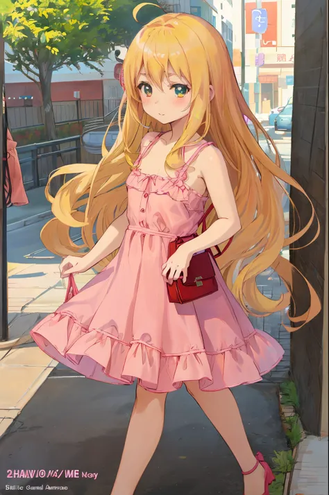 Anime girl in a pink dress is walking down the street with a red wallet, loli in dress, blonde anime girl with long hair, small curvy loli, Anime Girl with Long Hair, Anime visuals of cute girls, Cute anime waifu in a nice dress, pretty anime girl, beautif...