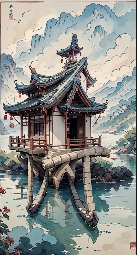 Mountain painting with a pagoda on a small island, chinese watercolor style, chinese painting style, digital painting of a pagoda, Chinese landscape, traditional Chinese watercolor painting, chinese paintings, Japan Art Style, High detail watercolor 8K, hi...