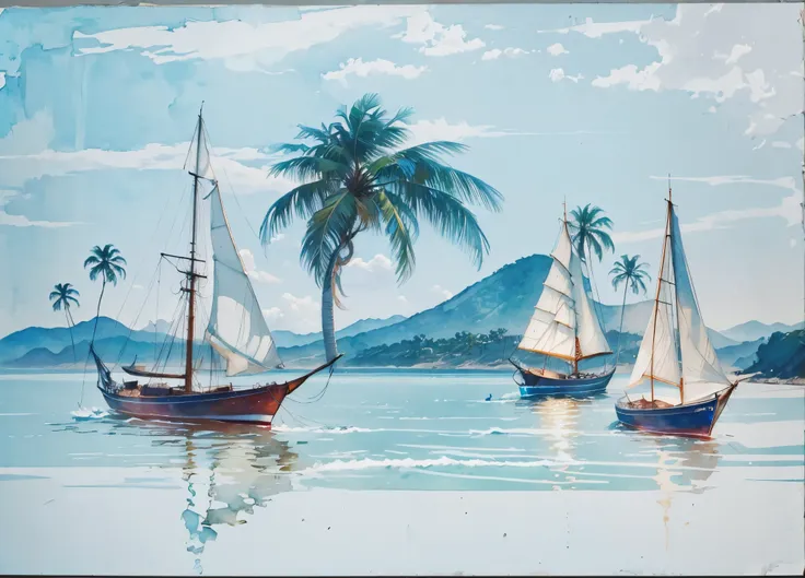 pintura aquarelado de mar coqueiros barcos com velas