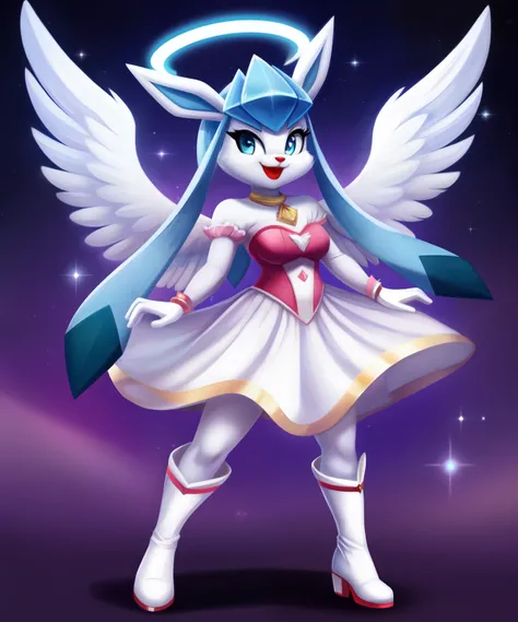 Female glaceon as an angel, halo, white soft wings, red lipstick, magical girl dress, white long gloves, white boots tiny toons style