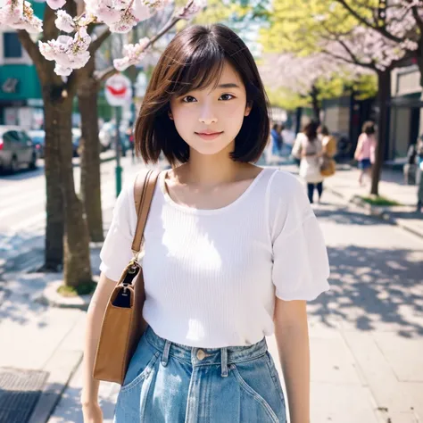 An ultra-high picture quality、Perfect Photo、16-year-old beautiful girl model、Bery short hair、springtime、Spring clothes、In the street