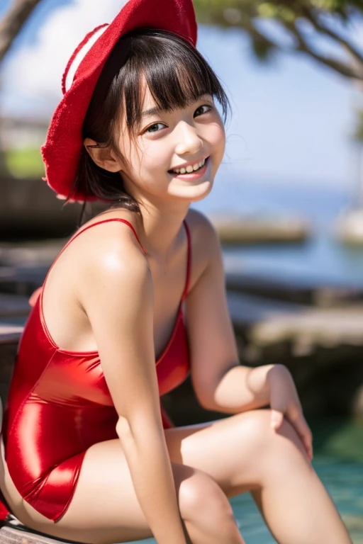 1girl, (masterpiece, realistic, top quality, shiny skin, baby face, cute girl: 1.4, details),
A young beautiful Japanese woman wearing a red swimsuit and dressed as Santa,
Lean forward, sit with your legs apart so you can see the insides of your thighs, lo...