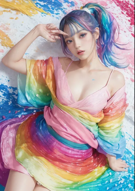 (pink fashion t-shirt:1.9)、(colourful hair:1.8)、(all the colours of the rainbow:1.8)、((((vertical painting:1.6)))、(painterly:1.6...