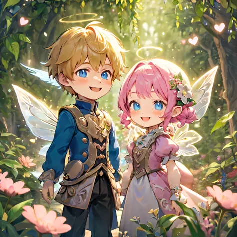 Lalafell boy has golden hair, blue eyes, and wears elegant noble clothing. The Lalafell girl has pink hair, blue eyes, and dons a matching noble outfit. Both are Smiling and adorned with delicate, ethereal fairy wings, Mid-shot,Camera Angle: Eye-Level, Bac...